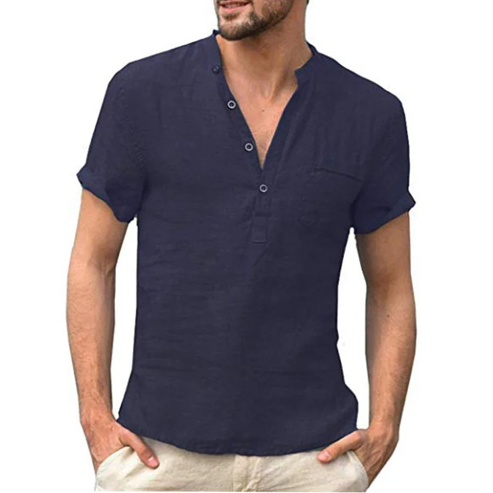 Men’s Summer Cotton Linen Short Sleeve T-Shirt Breathable Casual Loose Fit LED Style Tee Shirt S-3XL Comfort Wear