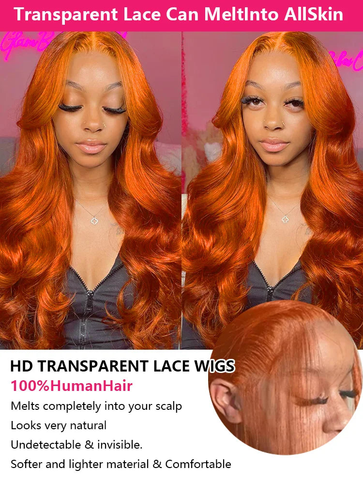 30-40 Inches Ginger Orange Water Wave 13x4 HD Lace Frontal Wig – Glueless Body Wave Human Hair, 13x6 Lace Front Wig