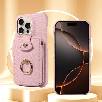 PU Leather iPhone Case with Ring & Card Slots – Anti-Fall Wallet Cover for iPhone 16 Pro Max, 15, 14, 13, 12, 11, 7, 8 Plus & 16e