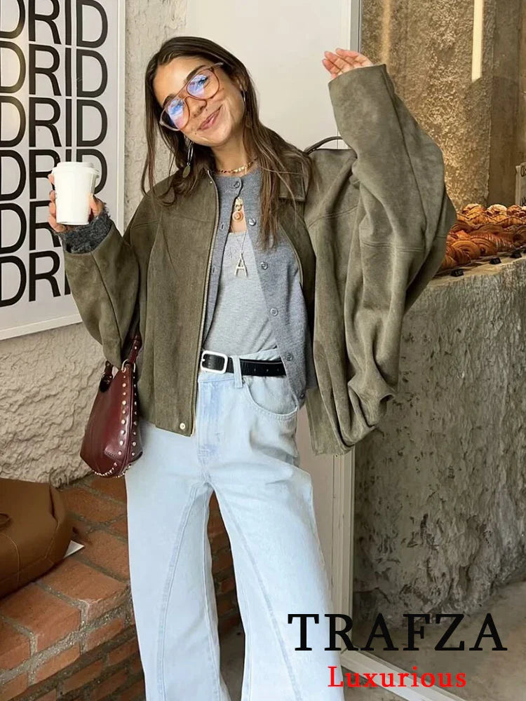 TRAFZA Women’s Casual Bomber Jacket — Oversized Lantern Sleeve Spring/Summer Coat, 2025 Streetwear Zipper Outerwear