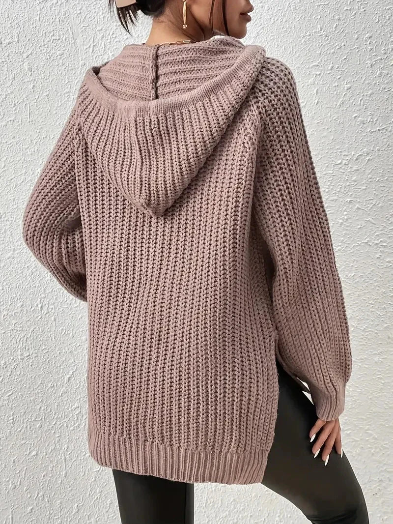 Women’s Hooded Raglan Sleeve Sweater – Split Hem Drawstring Cozy Pullover for Casual Wear