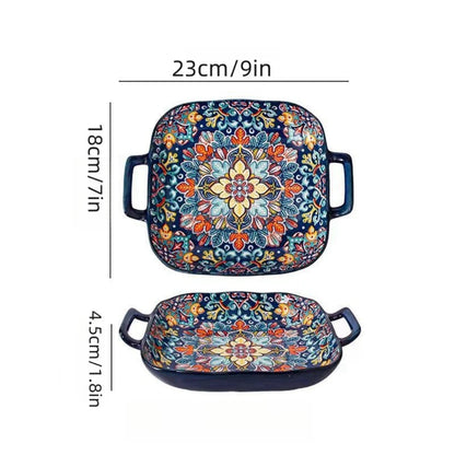 9-Inch Bohemian Style Ceramic Salad Plate with Double Ears — Oven & Microwave Safe Pasta Dish