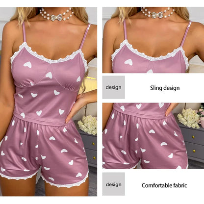 Women’s Lace V-Neck Pajama Set – Printed Suspender Top & Shorts Two-Piece Sleepwear