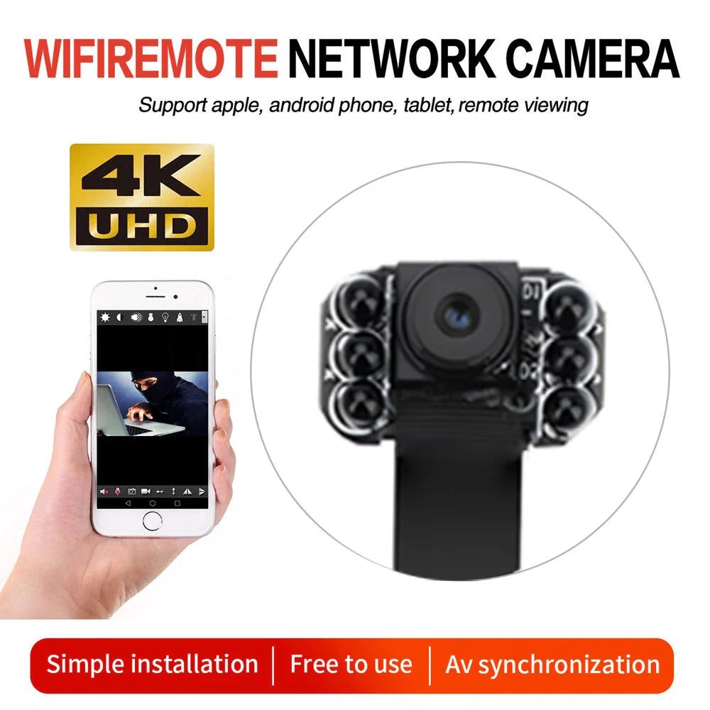 Mini WiFi Security Camera — 4K/1080P HD Wireless Night Vision Camcorder with Voice and Video Surveillance
