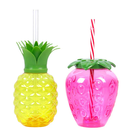 Hawaii Party Cups: 10pcs Plastic Strawberry Pineapple Drinking Cups with Straws - Luau Flamingo Summer Beach Pool Party Decorations
