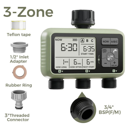 Diivoo 3-Zone Garden Water Timer – Programmable Automatic Irrigation System with Rain Delay & Manual/Auto Modes for Lawn & Yard