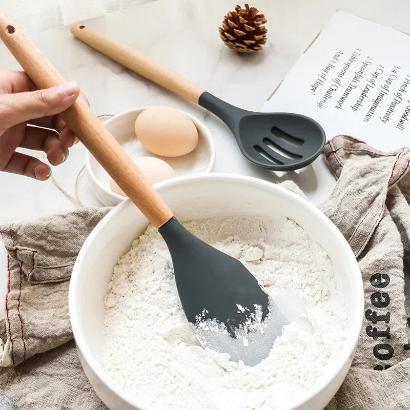 12PCS Silicone Kitchen Utensils Set - Food Grade Cookware with Turner, Spatula, Measuring Spoon, Practical Cooking Tools