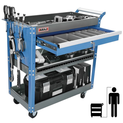 AIRAJ 3-Tier Rolling Tool Cart — Heavy-Duty Metal Mechanic Utility Cart with Drawers, Wheels & Pegboard