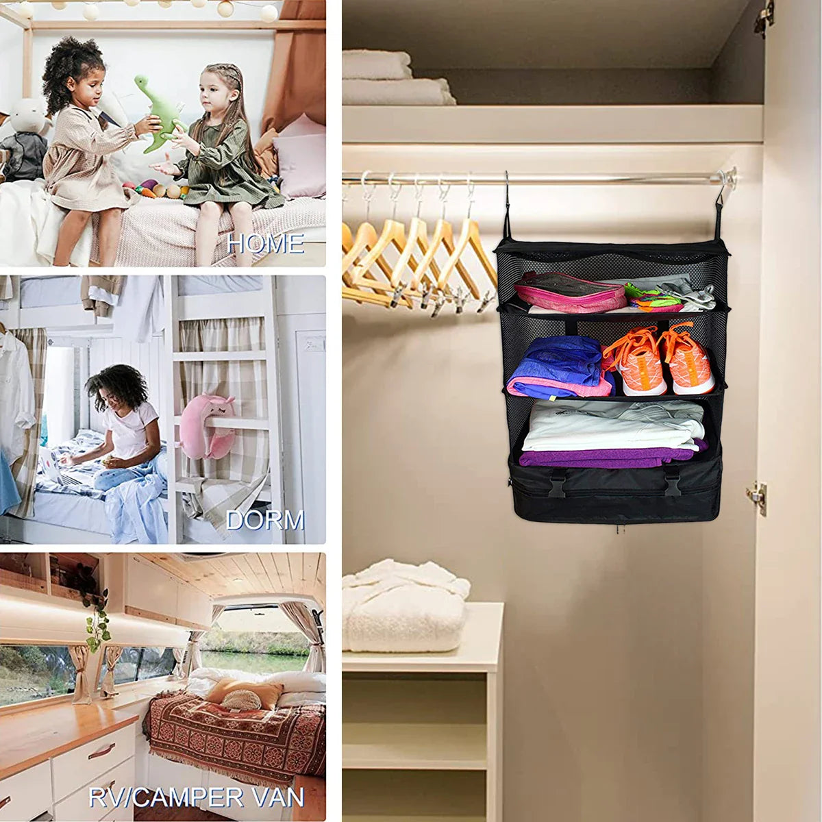 Portable Travel Luggage Organizer – 3-Shelf Collapsible Hanging Closet & Packing Cube Storage Bag