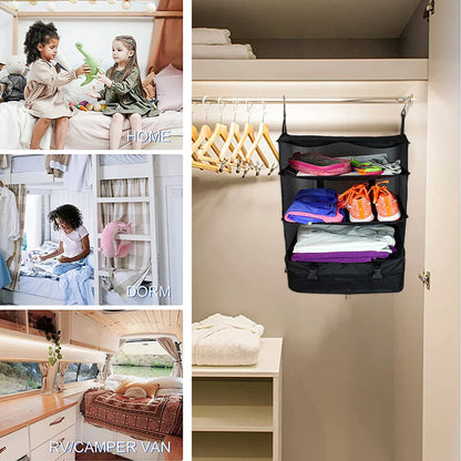 Portable Travel Luggage Organizer – 3-Shelf Collapsible Hanging Closet & Packing Cube Storage Bag