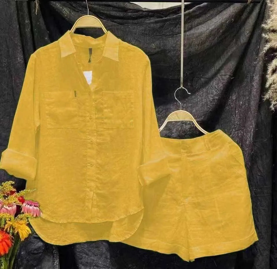 2025 Women’s Summer Two-Piece Set – White Cotton Linen Long Sleeve Shirt & Shorts Casual Home Outfit