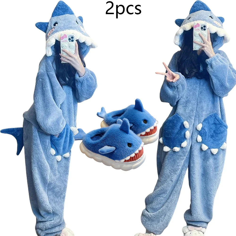 Cartoon Cute Shark Women's Hooded Sleepwear – Unicorn Kigurumi Winter Cosplay Pajama Jumpsuit, Christmas Party Loungewear