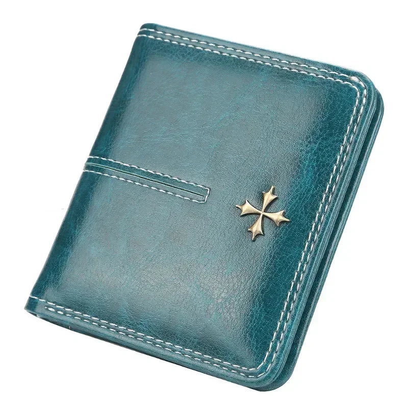 Women’s PU Leather Wallet — Short Hasp Coin & Card Holder, Small Money Bag Clutch in Blue & Red