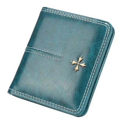 Women’s PU Leather Wallet — Short Hasp Coin & Card Holder, Small Money Bag Clutch in Blue & Red