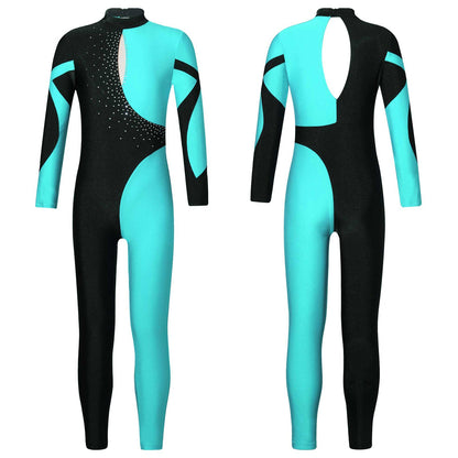 Kids Girls Long Sleeve Rhinestone Bodysuit — Full Body Dancewear Gymnastics Leotard Skating Jumpsuit
