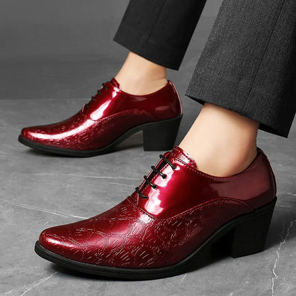 Luxury Red High Heel Men’s Dress Shoes - Pointed Toe Leather Moccasin Wedding Oxford Shoes