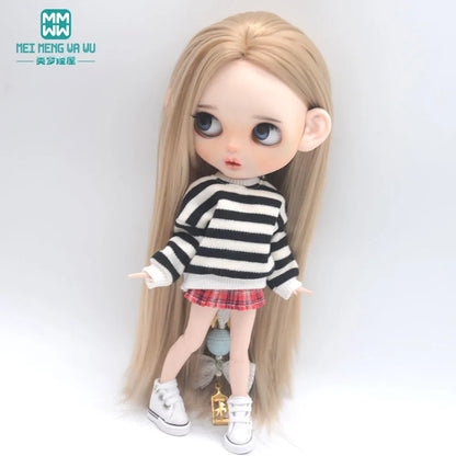 Blythe Doll Clothes – Fashion Tops, Black & White Shirts with Jeans & Plaid Pants for Azone OB22/OB24 Dolls