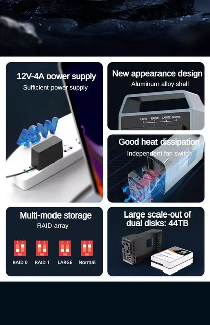 MAIWO 3.5 Inch Dual Bay External Hard Drive Enclosure – SATA Disk Array with 4 RAID Functions for 3.5 Inch HDD