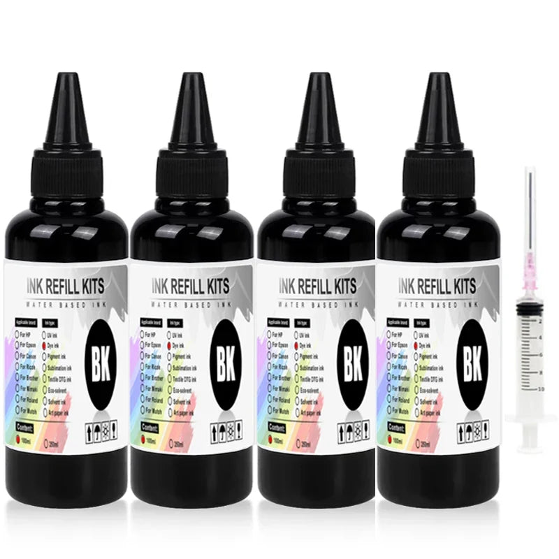 100ml Universal Dye Ink Refill Kit - BK CMY Compatible with HP Canon Epson Brother Inkjet Printers & CISS Cartridges