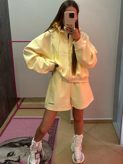 Women’s Summer Yellow Tracksuit – Cotton Zipper Top & Shorts Two-Piece Casual Sports Set