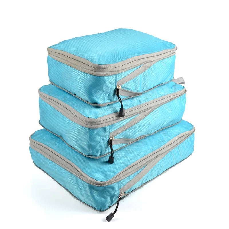 3-Piece Compressible Waterproof Nylon Packing Cubes Set – Portable Travel Storage Bags with Handbag Luggage Organizer