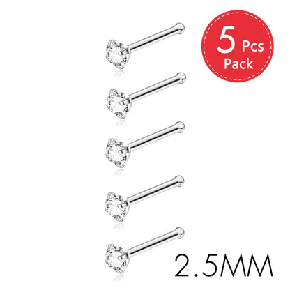 5PCS Stainless Steel Nose Ring Studs — Crystal Nostril Piercing Jewelry for Women & Girls, 1.5/2.0/2.5/3.0mm, 20G