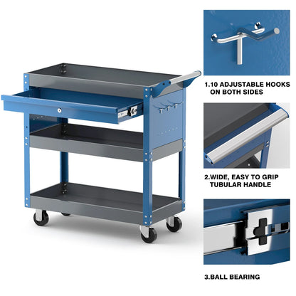 AIRAJ 3-Tier Rolling Tool Cart — Heavy-Duty Metal Mechanic Utility Cart with Drawers, Wheels & Pegboard