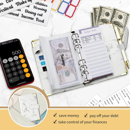 A6 Money Saving Organizer – PU Leather Budget Binder with Marble Notebook, 2023 Budget Planner, Envelope Office & School Supplies