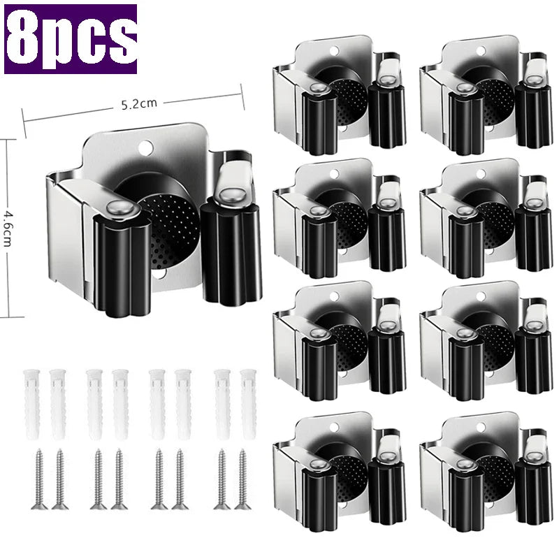 Stainless Steel Mop Clip Holder — Wall-Mounted Broom & Brush Hanger Rack for Kitchen & Bathroom Organization