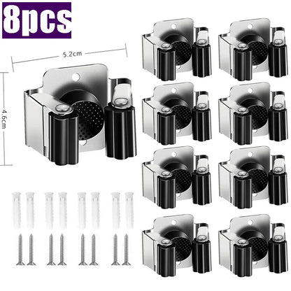 Stainless Steel Mop Clip Holder — Wall-Mounted Broom & Brush Hanger Rack for Kitchen & Bathroom Organization