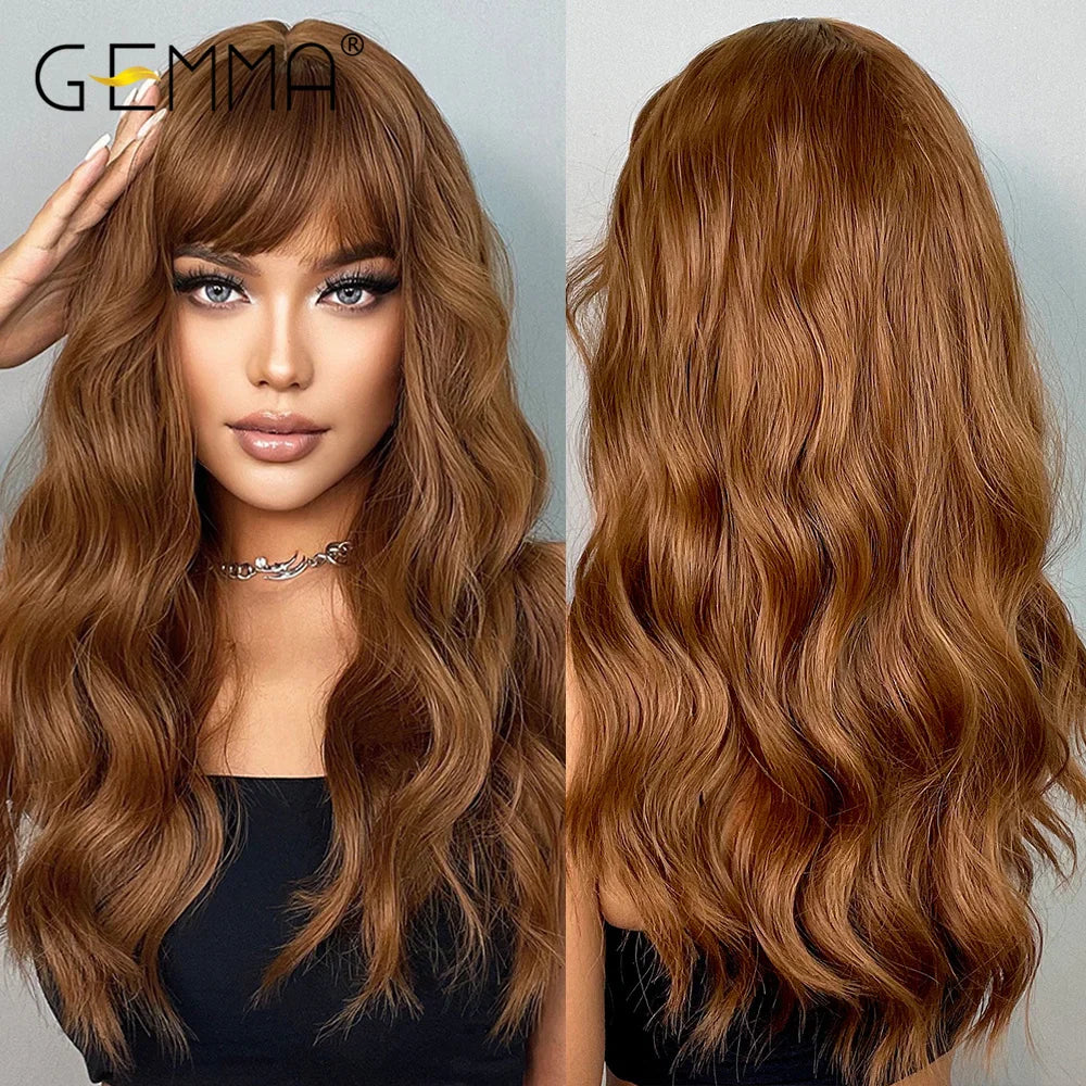 GEMMA Ombre Brown Blonde Synthetic Wig with Bangs – Long Straight Cosplay Wig for Women, High-Temperature Fiber