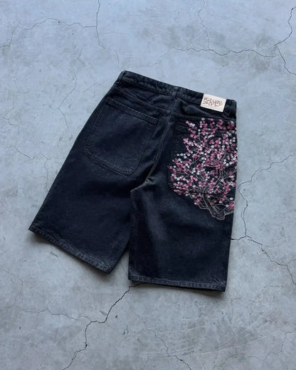 Men’s Black Floral Print Denim Shorts - Trendy Summer Casual Streetwear for Outdoor Wear