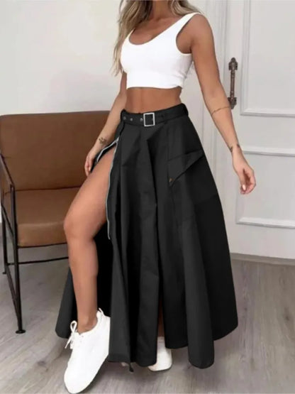 Women’s Summer High Waist Skirt Set – Solid Casual White Tank Top & High Slit Maxi Skirt with Belt and Pockets