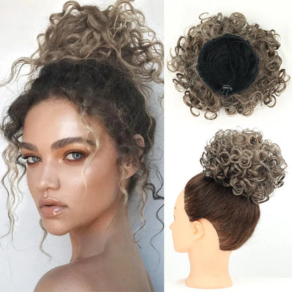 Synthetic Messy Bun Hair Piece – 60g Elastic Drawstring Curly Wave Hair Bun Extension for Women (Dark Brown)
