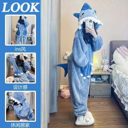 Cartoon Cute Shark Women's Hooded Sleepwear – Unicorn Kigurumi Winter Cosplay Pajama Jumpsuit, Christmas Party Loungewear
