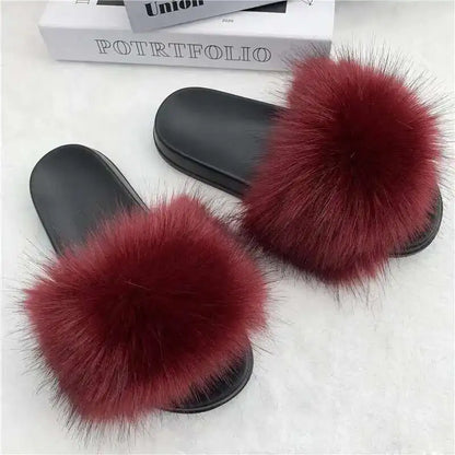 Summer Faux Fur Slippers for Women – Indoor Plush Furry Slides, Fluffy Flip Flops & Casual House Shoes