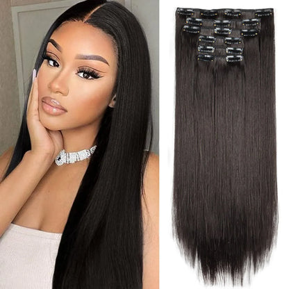 24-Inch 16 Clips-in Hair Extensions – Long Straight Synthetic Blonde & Black Hairpieces, Heat Resistant for Daily Use