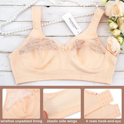Sheroine Plus Size Wire-Free Bra - Soft Cotton Lace Floral Full Coverage Unpadded Everyday Support
