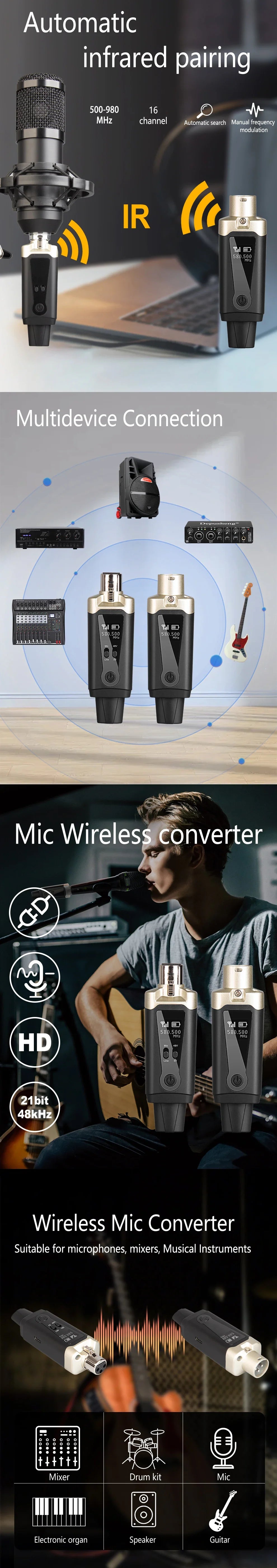 Wireless Microphone System with XLR Converter Adapter – UHF Automatic Transmitter for Condenser & Dynamic Mics