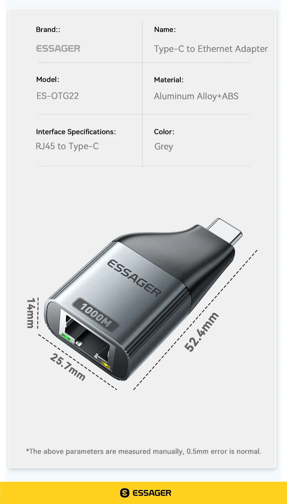 Essager Type-C to Ethernet Adapter – 100/1000Mbps Gigabit RJ45 to Type-C Adapter for MacBook, Laptop Wired Network Card