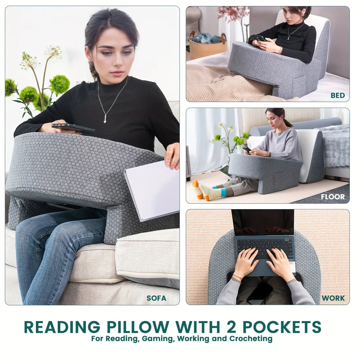 Soft Reading Pillow with Arm Rests - Lap Desk Cushion for Gaming, Working, Sitting on Floor or Sofa, with Washable Cover