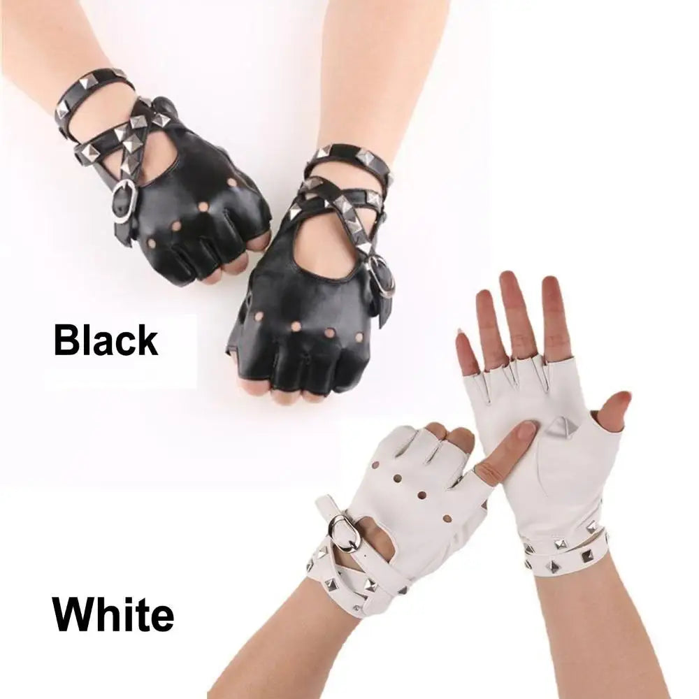 Unisex Fingerless PU Leather Driving Gloves, Rivet Punk Style Disco Rock & Roll Gloves for Dance, Motorcycle & Party Wear (Black/Red/White)
