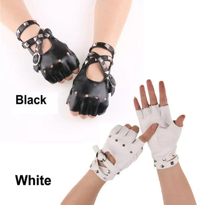 Unisex Fingerless PU Leather Driving Gloves, Rivet Punk Style Disco Rock & Roll Gloves for Dance, Motorcycle & Party Wear (Black/Red/White)