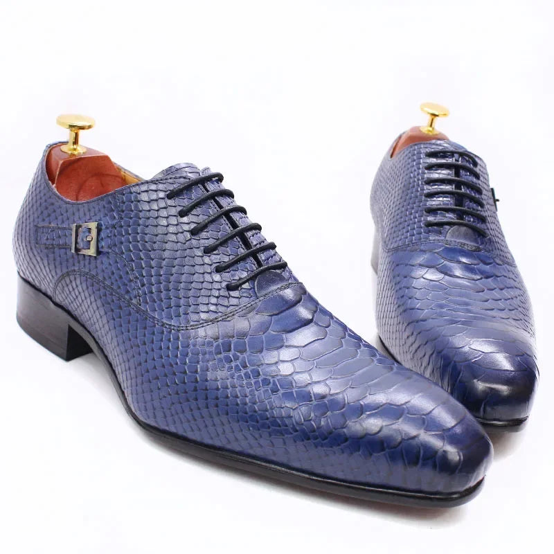 Men's Luxury Oxford Shoes - Snake Skin Print Leather Pointed Toe Lace-Up Formal Dress Shoes