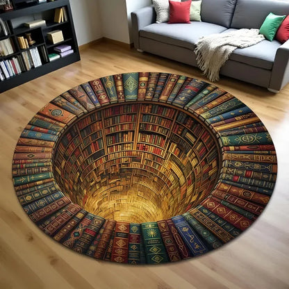3D Fantasy Dragon Round Rug – Mystic Gothic Illusion Floor Carpet, Library Dragon Hole Design Home Decor Area Mat