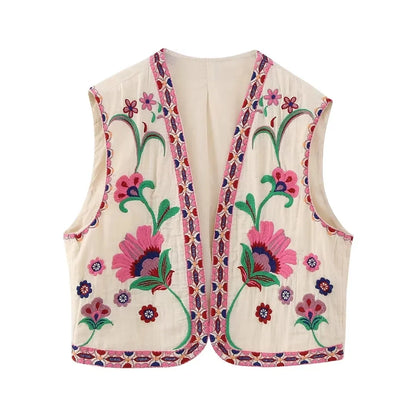 KEYANKETIAN Women's Vintage Floral Embroidered Open Waistcoat – National Style Vest Jacket, Casual Vacation Crop Top