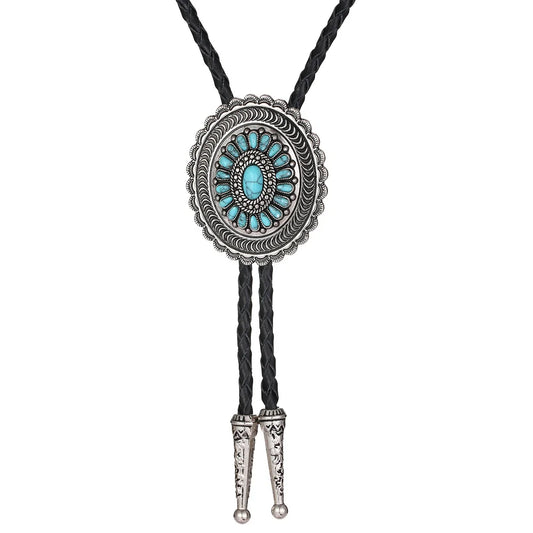 Indian Western Cowboy Carved Turquoise Flowers Bolo Tie – Genuine Leather Cord Neck Tie, Cheapify