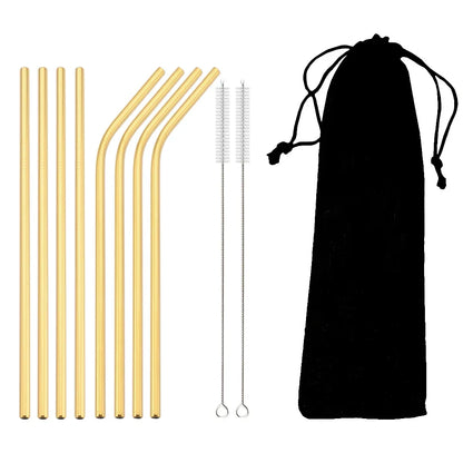 Colorful 304 Stainless Steel Reusable Straws Set — Metal Drinking Straws with Cleaning Brush for Cocktails & Glasses