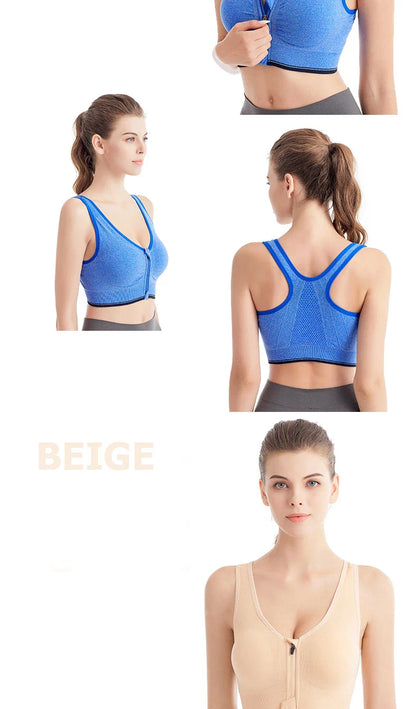 Women's Running Sports Bra – Front Zipper, Shockproof, Seamless & Breathable Bralette Without Underwire