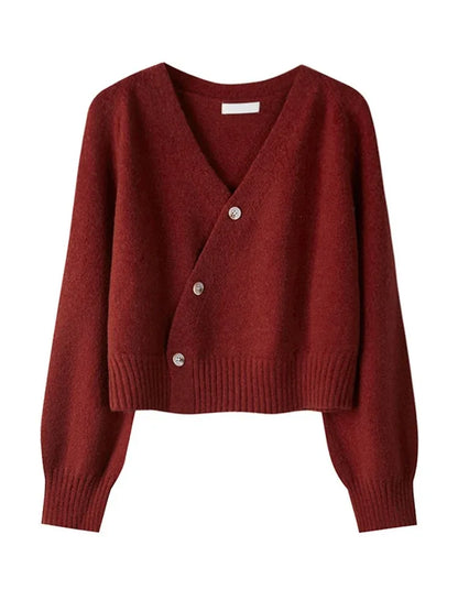 Korean Women's Autumn Winter Knitted Cardigan – Diagonal V-Neck Long Sleeve Single-Breasted Sweater